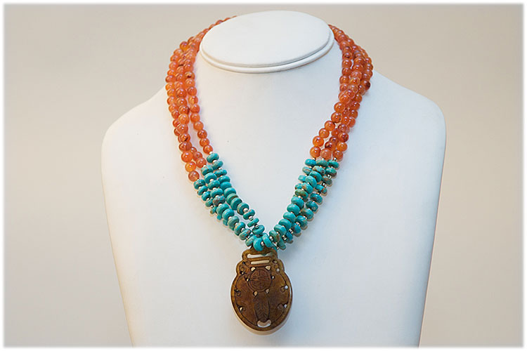 Turquoise, carnelian and sterling silver with a jade pendant, ne - Click Image to Close