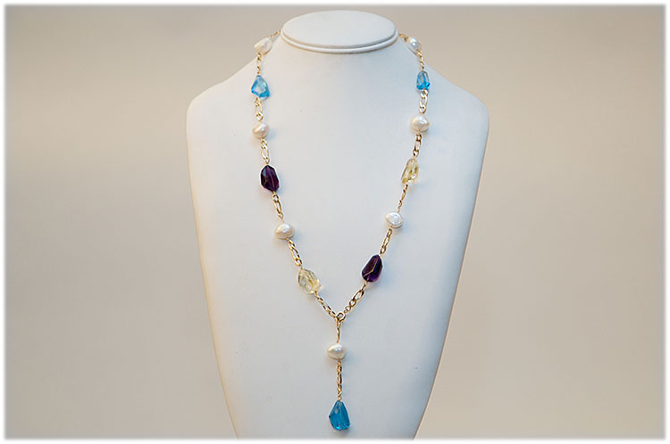London blue topaz, citrine ,amethyst and pearl necklace