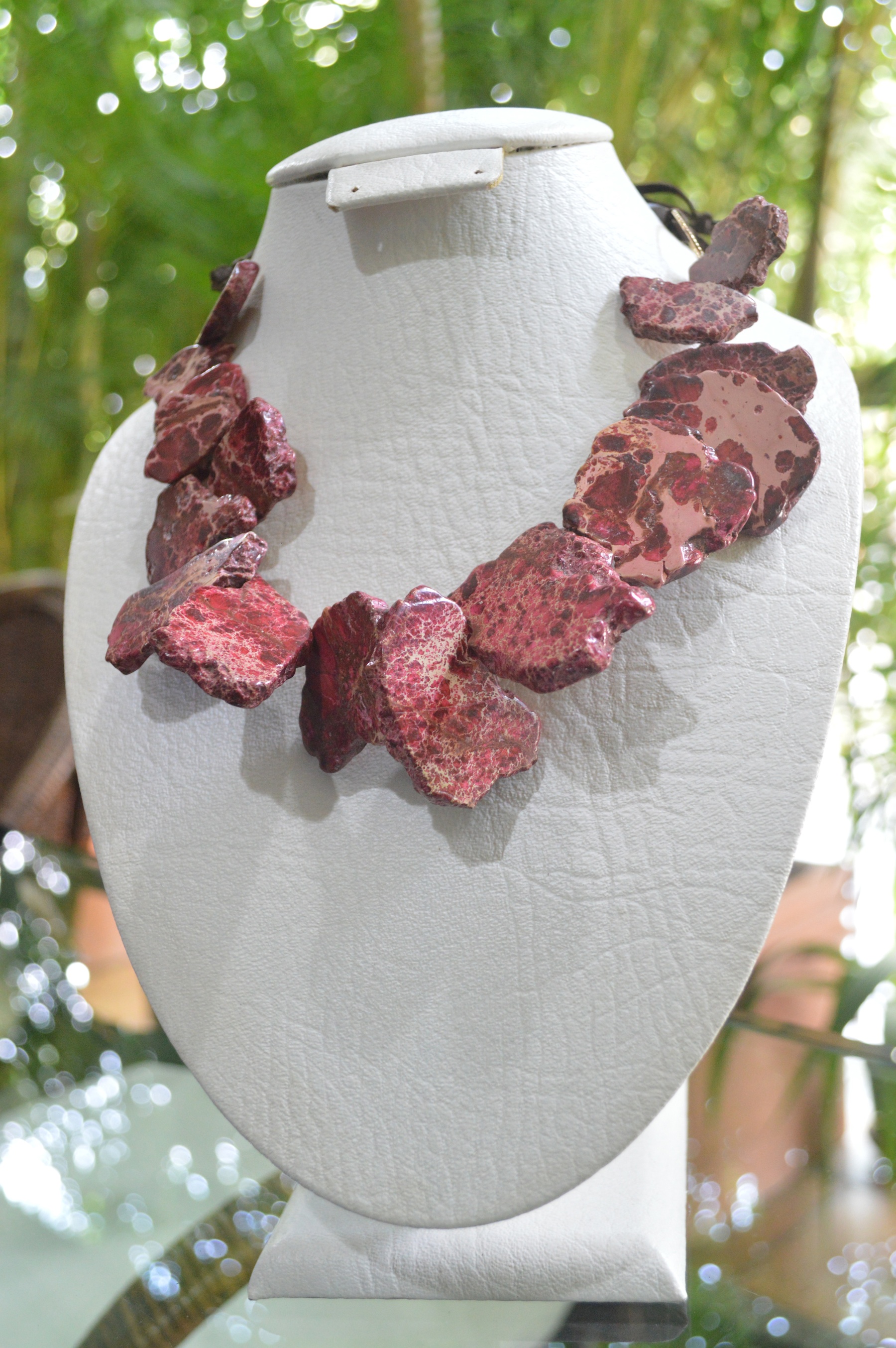 Dep red freeform jasper necklace with leather cord