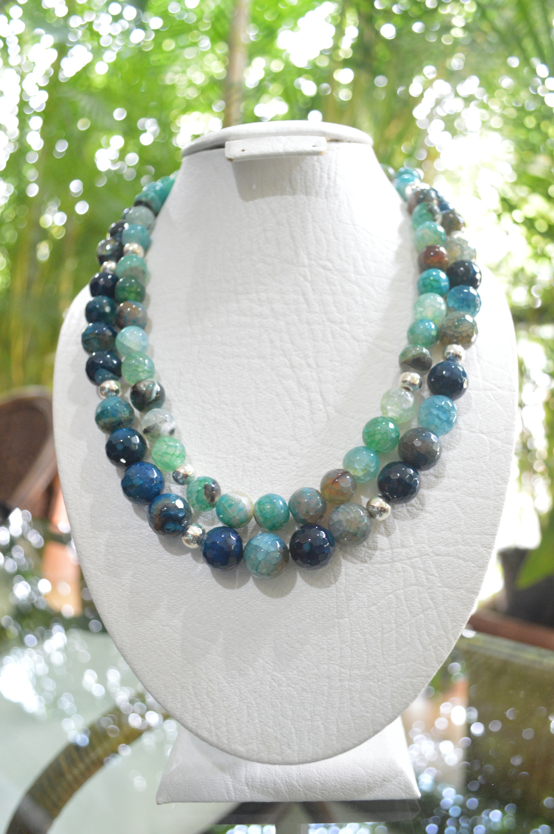 Two strand blue and green agate necklace with sterling silver