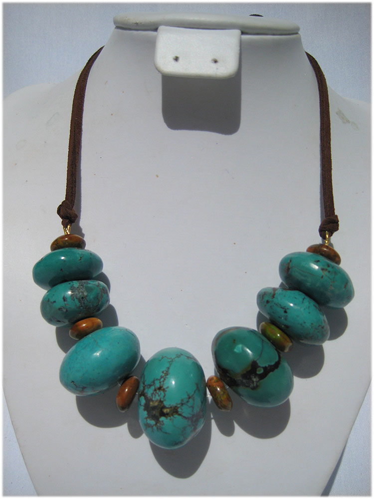 Giant blue turquoise beads on double brown suede cord - Click Image to Close