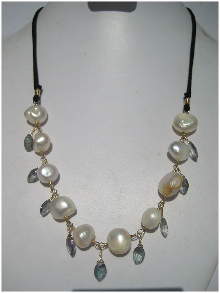 delicate white baroque pearl necklace with mystic topaz drops